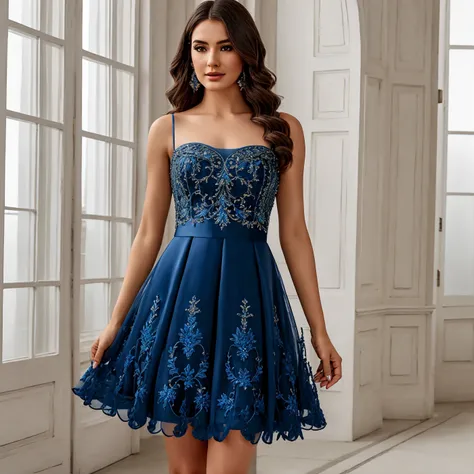 solo, 1girl, Masterpiece, 4K, HD, superb quality, beautiful woman, wearing a blue haute couture designer dress,embroidery, short dress, <lora:Haute_Couture:0.6>, front view