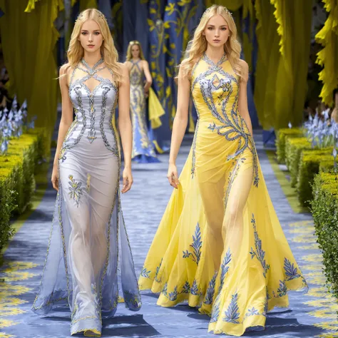 solo, 1girl, Masterpiece, 4K, HD, superb quality, beautiful blonde woman, wearing a yellow haute couture designer dress with blue lining and embroidery and a blue scarf around her neck, blue scarf,see through,open dress with visible legs, <lora:Haute_Couture:0.7>, front view, garden background,