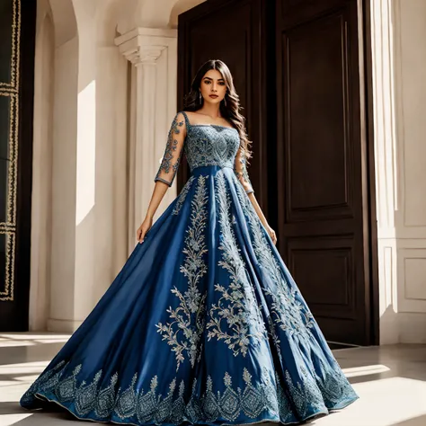 solo, 1girl, Masterpiece, 4K, HD, superb quality, beautiful woman, wearing a blue haute couture designer dress,embroidery, <lora:Haute_Couture:0.6>, front view