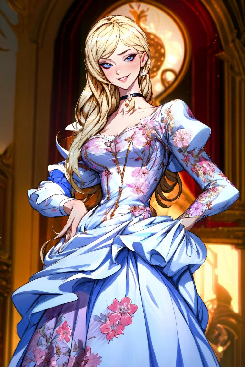 Masterpiece, absurdres,HDR,8k,best quality, ((beautifully detailed eyes and face)),beautiful blonde Nadia with a choker,Haute_Couture, designer dress, woman wearing a Haute_Couture dress,open front,floral embroidery,cowboy shot, hand on hip, smile, grin
<lora:Haute_Couturev2:0.775> <lora:Nadia_anime:0.35> <lora:add_detail:1> <lora:zeronis:0.5>