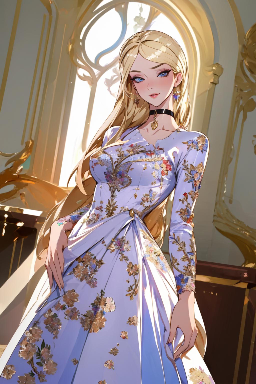 A woman in a blue dress standing in front of a window - SeaArt AI