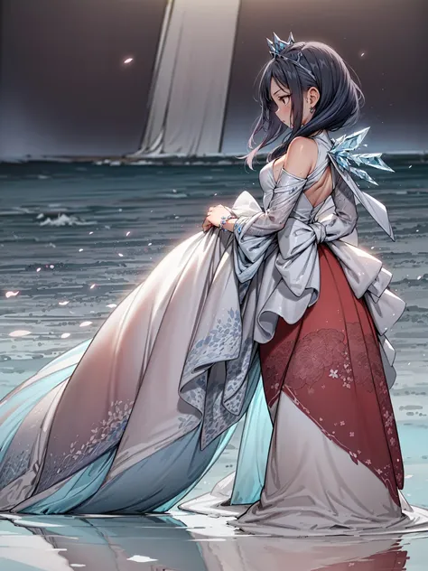 (masterpiece, best quality, high resolution, dynamic lighting:1.2), cute (AS-Adult:1.3) girl in (ocean:1.1), (reflection:1.1), cherry blossoms, icy (Haute_Couture:1.2), wearing ice crown , icy dress, dress made out of cold, designer dress, wearing Haute_Couture, <lora:Haute_Couturev3:0.8>, dark lighting, melancholy, (cold air:1.1),