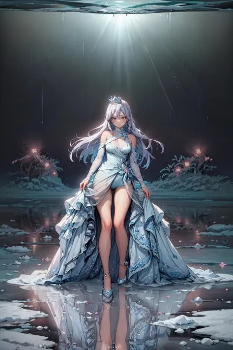 (masterpiece, best quality, high resolution,  dynamic lighting:1.2), cute (AS-Adult:1.3) girl in (ocean:1.1), (reflection:1.1), cherry blossoms, icy (Haute_Couture:1.2), wearing ice crown , icy dress, dress made out of cold, designer dress, wearing Haute_Couture, <lora:Haute_Couturev3:0.8>, dark lighting, melancholy, (cold air:1.1),