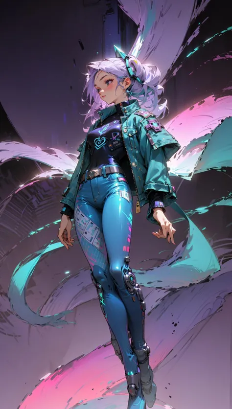cyberpunk female, woman wearing (Aquamarine Blue Denim Jacket with holographic patches:1.2), (tight full bodysuit:1.1), (Lilac,Rosewood color background:1.3), <lora:MG_jijia:0.5> <lora:Haute_Couturev3:0.9>