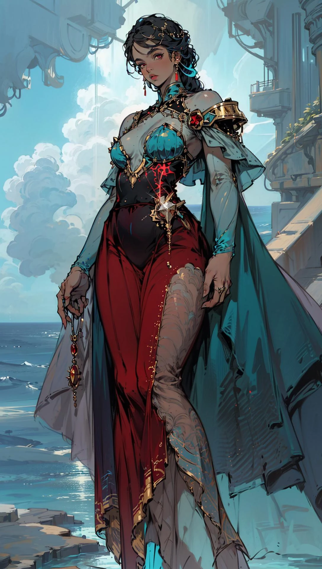 cyberpunk female, woman wearing (Garnet Red Tulle Skirt with prismatic glimmer:1.2), (tight full bodysuit:1.1), (Serene Sky,Ocean Blue color background:1.3), <lora:MG_jijia:0.5> <lora:Haute_Couturev3:0.9>