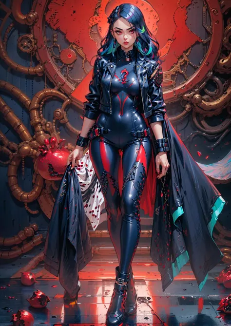 cyberpunk female, woman wearing (Obsidian Black Leather Jacket with prismatic embellishments:1.2), (tight full bodysuit:1.1), (Midnight Navy,Pomegranate Red color background:1.3), <lora:MG_jijia:0.5> <lora:Haute_Couturev3:0.9>