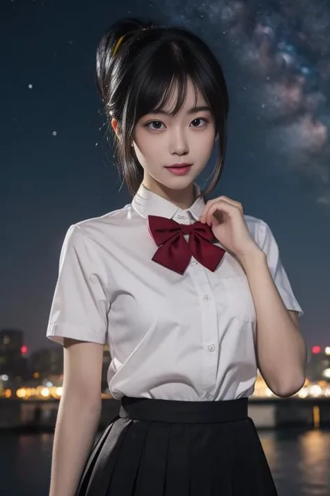 ltra-detailed,highly detailed,best quality,masterpiece,illustration,realistic,
miyamizu mitsuha, 1girl, solo,looking at viewer,upper body,
black hair, ponytail, short hair,bangs,
school uniform, hair ribbon,bowtie,short sleeves, collared shirt, pleated skirt,
outdoors, night sky, starry sky, shooting star,
<lora:miyamizu mitsuha_v1_02:0.7>