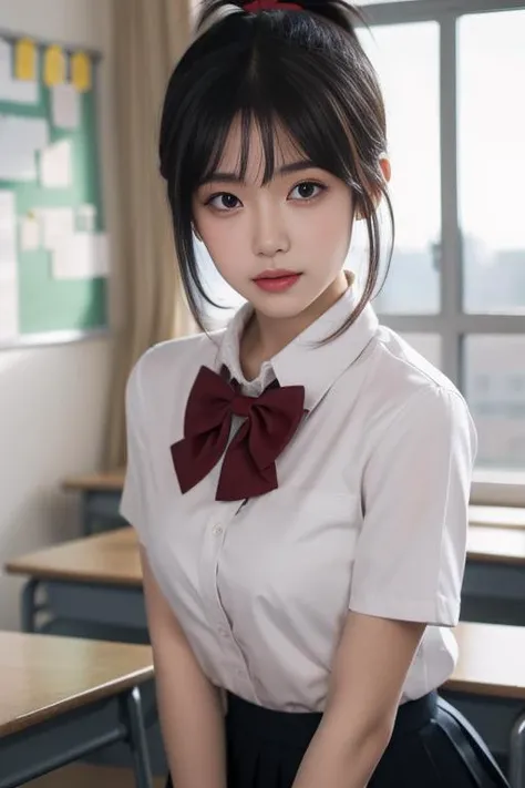 ltra-detailed,highly detailed,best quality,masterpiece,illustration,realistic,
miyamizu mitsuha, 1girl, solo,looking at viewer,upper body,
black hair, ponytail, short hair,
school uniform, hair ribbon,bowtie,short sleeves, collared shirt, pleated skirt,
indoors, classroom,
<lora:miyamizu mitsuha_v1_02:0.7>