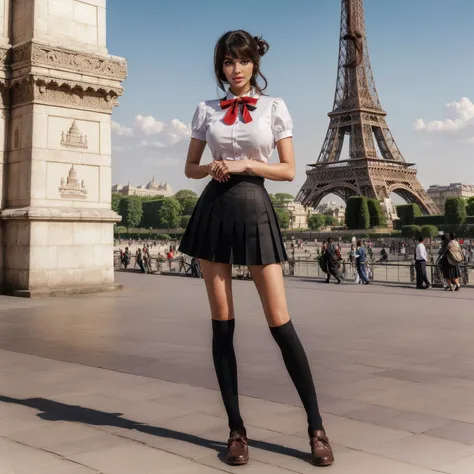 Beautiful white-skinned plump woman with short brown hair stands, good style, short hair, Short sailor suit, Plaid Tartan Mini Skirt, dynamic pose, on the terrace overlooking the Eiffel Tower.