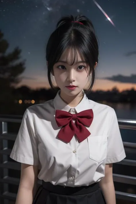 ltra-detailed,highly detailed,best quality,masterpiece,illustration,realistic,
miyamizu mitsuha, 1girl, solo,looking at viewer,upper body,
black hair, ponytail, short hair,bangs,
school uniform, hair ribbon,bowtie,short sleeves, collared shirt, pleated skirt,
outdoors, night sky, starry sky, shooting star,
<lora:miyamizu mitsuha_v1_02:0.7>