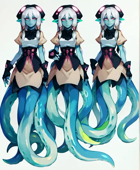 score_9_up, score_8_up, score_7_up, full body, different views, 1girl, <lora:Pony_ScyllaOctopus_girl:.7>, scylla, monster girl, long hair, silver hair, pink eyes, olive skin, freckles, cyan tentacles, suction cups, painted fingernails, small breasts, fingerless gloves,
, simple background, <lora:MonsterGirlXL_P6_lokr_V43P1NF:.95>, simple background, white background