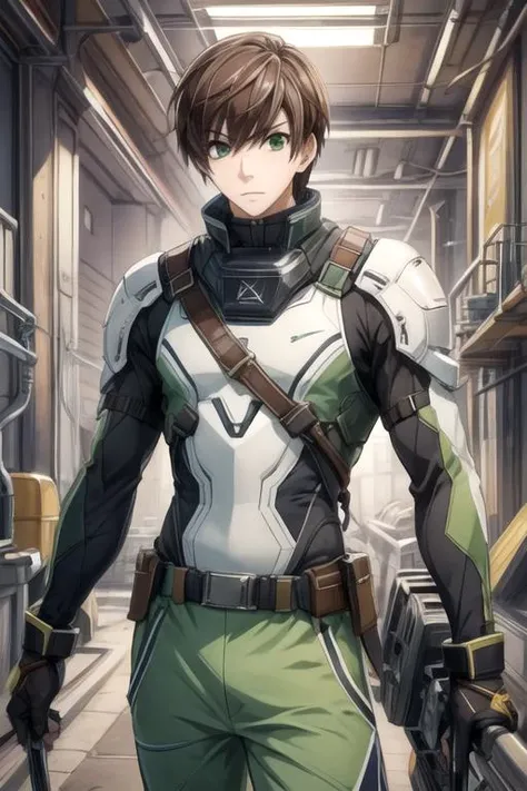 masterpiece, best quality, wallpaper, 1boy, solo, male focus, looking at viewer, upper body, , , , <lora:ritsu_onodera:0.72>, ritsu_onodera, brown hair, green eyes, track pants, , science fiction dieselpunk, High resolution