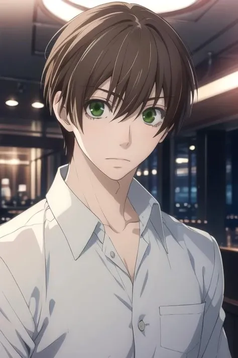 masterpiece, best quality, photorealistic, 1boy, solo, male focus, looking at viewer, upper body, , anime coloring, realistic, <lora:ritsu_onodera:0.66>, ritsu_onodera, brown hair, green eyes, , , nightclub,