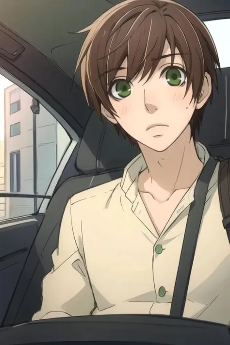 masterpiece, best quality, sketch, 1boy, solo, male focus, looking at viewer, upper body, depth of field, , , <lora:ritsu_onodera:0.74>, ritsu_onodera, brown hair, green eyes, , , vehicle interior, 8k resolution