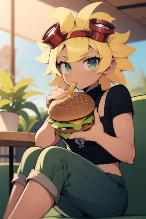 <lora:solarflare-04:1> solarflare, sitting in cafe, eating burger, masterpiece, best quality