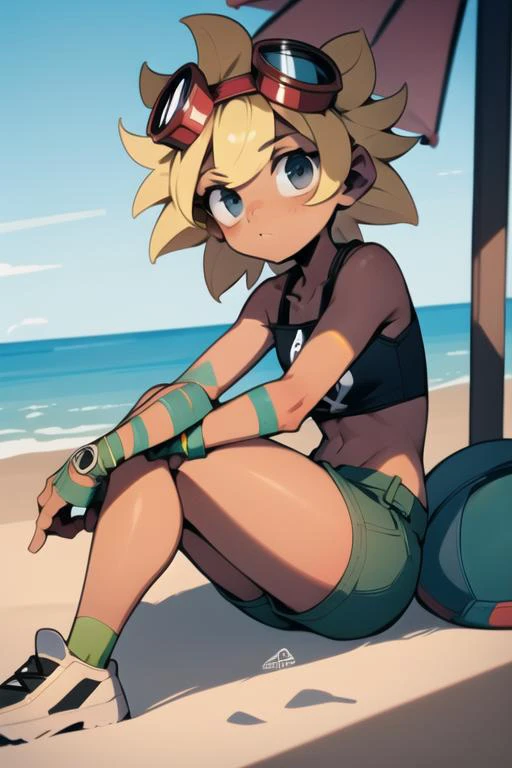 <lora:solarflare-05:1> solarflare, sitting on beach, sitting on the sand