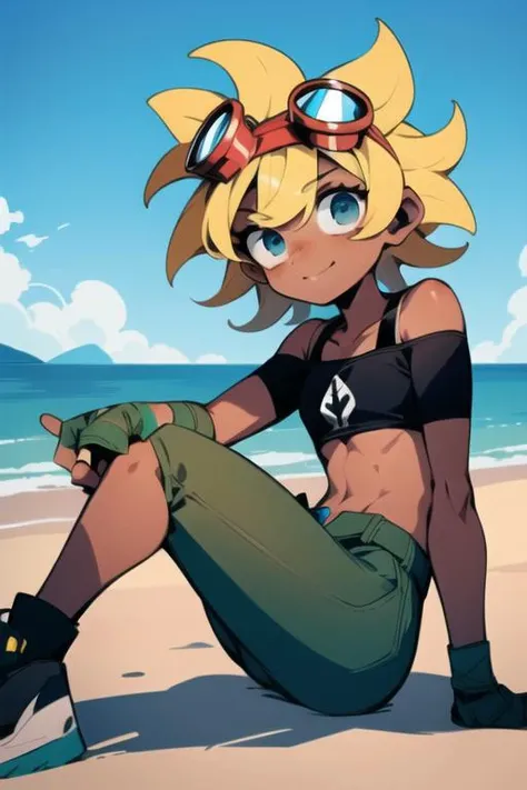 <lora:solarflare-09:1> solarflare, sitting on beach, sitting on the sand