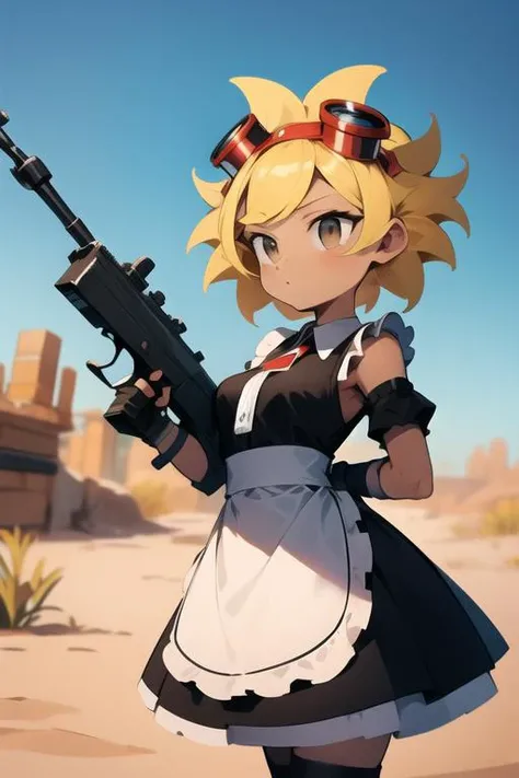 <lora:solarflare-05:1> solarflare, holding gun, maid outfit, wearing maid outfit, holding ak-47 gun, desert background, masterpiece, best quality