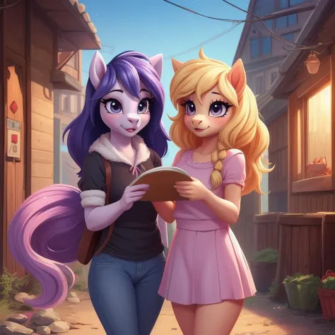 image of two anthro pony girls, furry, female, beauty, cute, adorable, hi res, sharp, detailed background
