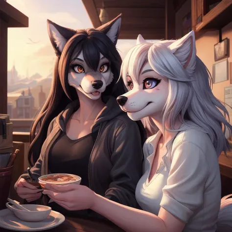 image of two anthro wolf girls, furry, female, beauty, cute, adorable, hi res, sharp, detailed background