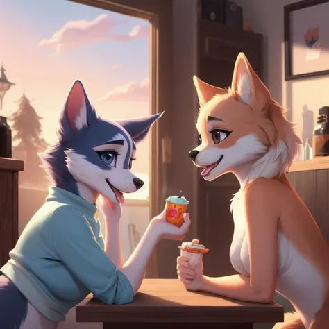 image of two anthro canine girls, furry, female, beauty, cute, adorable, silly, playful, hi res, sharp, clear, detailed background