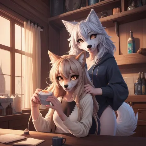 image of two anthro wolf girls, furry, female, beauty, cute, adorable, hi res, sharp, detailed background