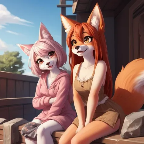 image of two anthro fox girls, furry, canine, female, beauty, cute, adorable, silly, hi res, sharp, clear, detailed background