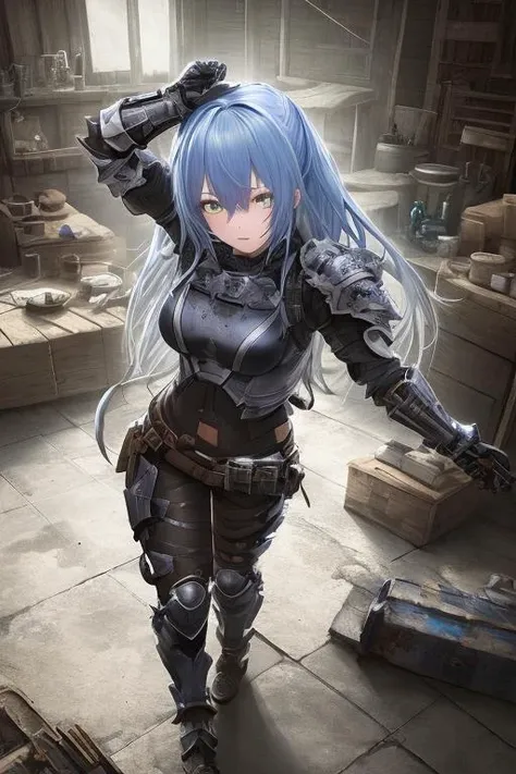 cell shading, digital art, bloom, dark and gloomy full body 8k unity render, female teen cyborg, Blue yonder hair, wearing broken battle armor, at cluttered and messy shack , action shot, tattered torn shirt, porcelain cracked skin, skin pores, detailed intricate iris, very dark lighting, heavy shadows, detailed, detailed face, (vibrant, dramatic, dark, sharp focus, 8k), dongluv4