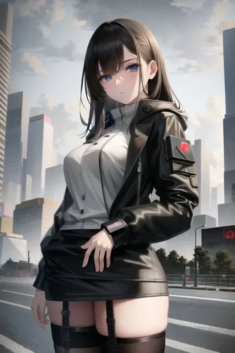 hyper realistic, masterpiece, very detailed, sci-fi, dystopian, (beautiful eyes ), (bangs), brunette, Woman,  detailed face, detailed skin, baggy clothes, thigh high socks, skirt,  cyberpunk, soft light, subsurface scattering,((skyline)), cumulonimbus clouds, busy street, polluted, dust,