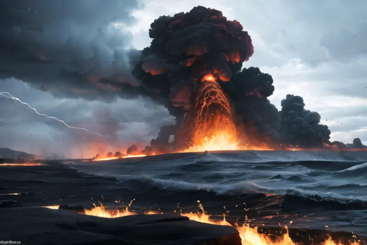 Cinematic, wide shot of an earthquake shaking the ground, a tornado creating giant waves that crash against the shore, an erupting volcano in the background spewing lava and ash, the sky darkened by storm clouds and illuminated by thuncer, shot with a high-resolution DSLR using Kodak Vision3 500T, dark stormy colors with flashes of lightning and volcanic red, intense and apocalyptic atmosphere, 8k, highly detailed