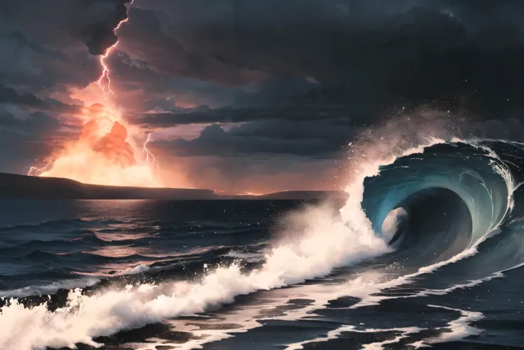 Cinematic, wide shot of an earthquake shaking the ground, a tornado creating giant waves that crash against the shore, an erupting volcano in the background spewing lava and ash, the sky darkened by storm clouds and illuminated by thuncer, shot with a high-resolution DSLR using Kodak Vision3 500T, dark stormy colors with flashes of lightning and volcanic red, intense and apocalyptic atmosphere, 8k, highly detailed