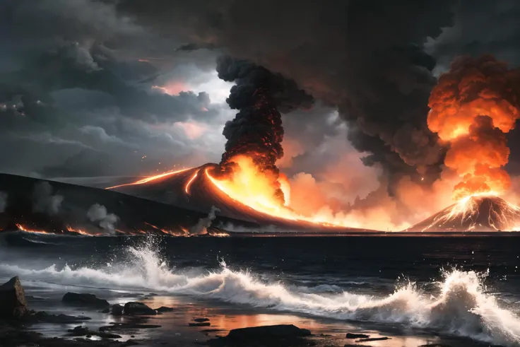 Cinematic, wide shot of an earthquake shaking the ground, a tornado creating giant waves that crash against the shore, an erupting volcano in the background spewing lava and ash, the sky darkened by storm clouds and illuminated by thuncer, shot with a high-resolution DSLR using Kodak Vision3 500T, dark stormy colors with flashes of lightning and volcanic red, intense and apocalyptic atmosphere, 8k, highly detailed