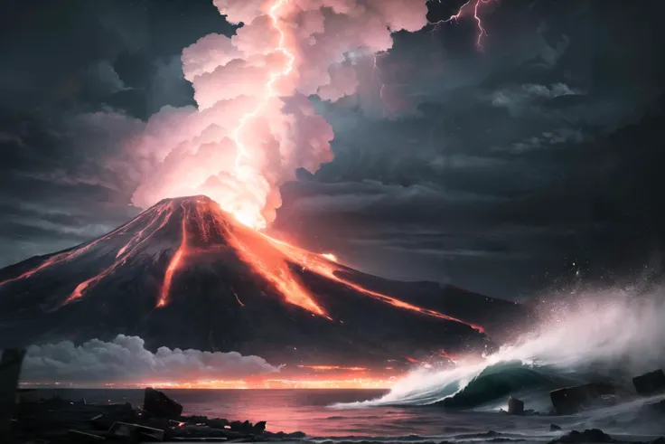 Cinematic, wide shot of an earthquake shaking the ground, a tornado creating giant waves that crash against the shore, an erupting volcano in the background spewing lava and ash, the sky darkened by storm clouds and illuminated by thuncer, shot with a high-resolution DSLR using Kodak Vision3 500T, dark stormy colors with flashes of lightning and volcanic red, intense and apocalyptic atmosphere, 8k, highly detailed