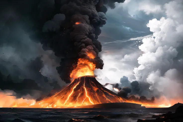 Cinematic, wide shot of an earthquake shaking the ground, a tornado creating giant waves that crash against the shore, an erupting volcano in the background spewing lava and ash, the sky darkened by storm clouds and illuminated by thuncer, shot with a high-resolution DSLR using Kodak Vision3 500T, dark stormy colors with flashes of lightning and volcanic red, intense and apocalyptic atmosphere, 8k, highly detailed