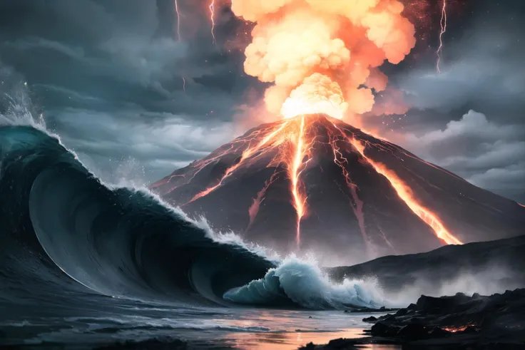 Cinematic, wide shot of an earthquake shaking the ground, a tornado creating giant waves that crash against the shore, an erupting volcano in the background spewing lava and ash, the sky darkened by storm clouds and illuminated by thuncer, shot with a high-resolution DSLR using Kodak Vision3 500T, dark stormy colors with flashes of lightning and volcanic red, intense and apocalyptic atmosphere, 8k, highly detailed