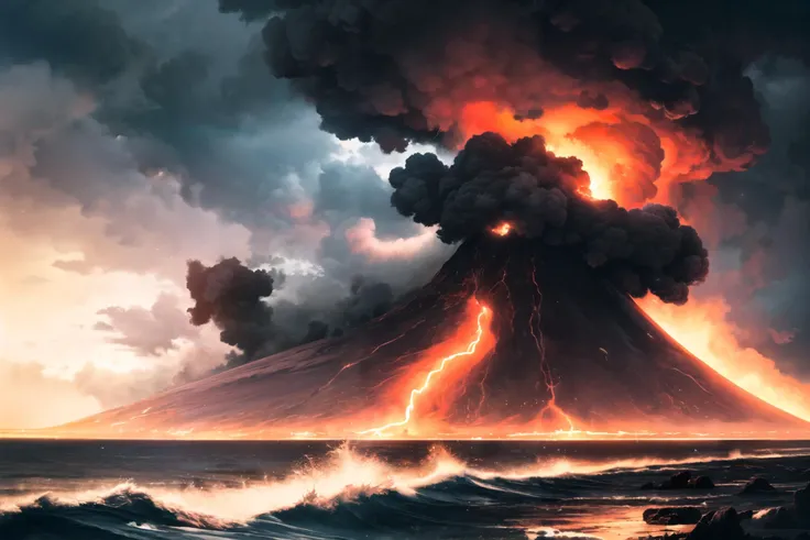 Cinematic, wide shot of an earthquake shaking the ground, a tornado creating giant waves that crash against the shore, an erupting volcano in the background spewing lava and ash, the sky darkened by storm clouds and illuminated by thuncer, shot with a high-resolution DSLR using Kodak Vision3 500T, dark stormy colors with flashes of lightning and volcanic red, intense and apocalyptic atmosphere, 8k, highly detailed