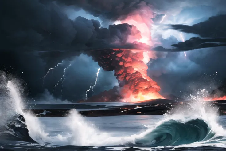 Cinematic, wide shot of an earthquake shaking the ground, a tornado creating giant waves that crash against the shore, an erupting volcano in the background spewing lava and ash, the sky darkened by storm clouds and illuminated by thuncer, shot with a high-resolution DSLR using Kodak Vision3 500T, dark stormy colors with flashes of lightning and volcanic red, intense and apocalyptic atmosphere, 8k, highly detailed