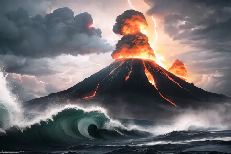 Cinematic, wide shot of an earthquake shaking the ground, a tornado creating giant waves that crash against the shore, an erupting volcano in the background spewing lava and ash, the sky darkened by storm clouds and illuminated by thuncer, shot with a high-resolution DSLR using Kodak Vision3 500T, dark stormy colors with flashes of lightning and volcanic red, intense and apocalyptic atmosphere, 8k, highly detailed