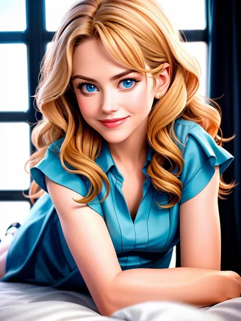 Realistic photo of a beautiful n1c0l3k-v2 woman, 1girl, solo, long hair, looking at viewer, smile, blue eyes, blonde hair, dress, lying, lips, wavy hair, crossed arms, on stomach, realistic, soft lighting, professional Photography, Photorealistic, detailed, RAW, analog, sharp focus, 8k, HD, DSLR, high quality, Fujifilm XT3, film grain, award winning, masterpiece<lora:n1c0l3k-v2:1.0>
