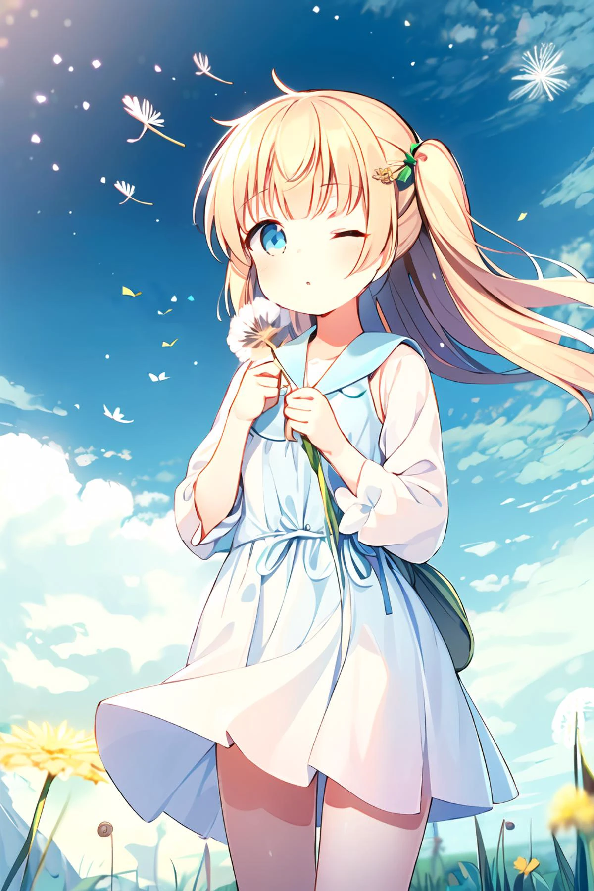 1girl,prt,blonde hair,blue eyes,long hair,one side up,holding dandelion seed,big dandelion, (dandelion:1.3) seed,looking at viewer, one eye closed, <lora:dandelion-000007:0.9>
