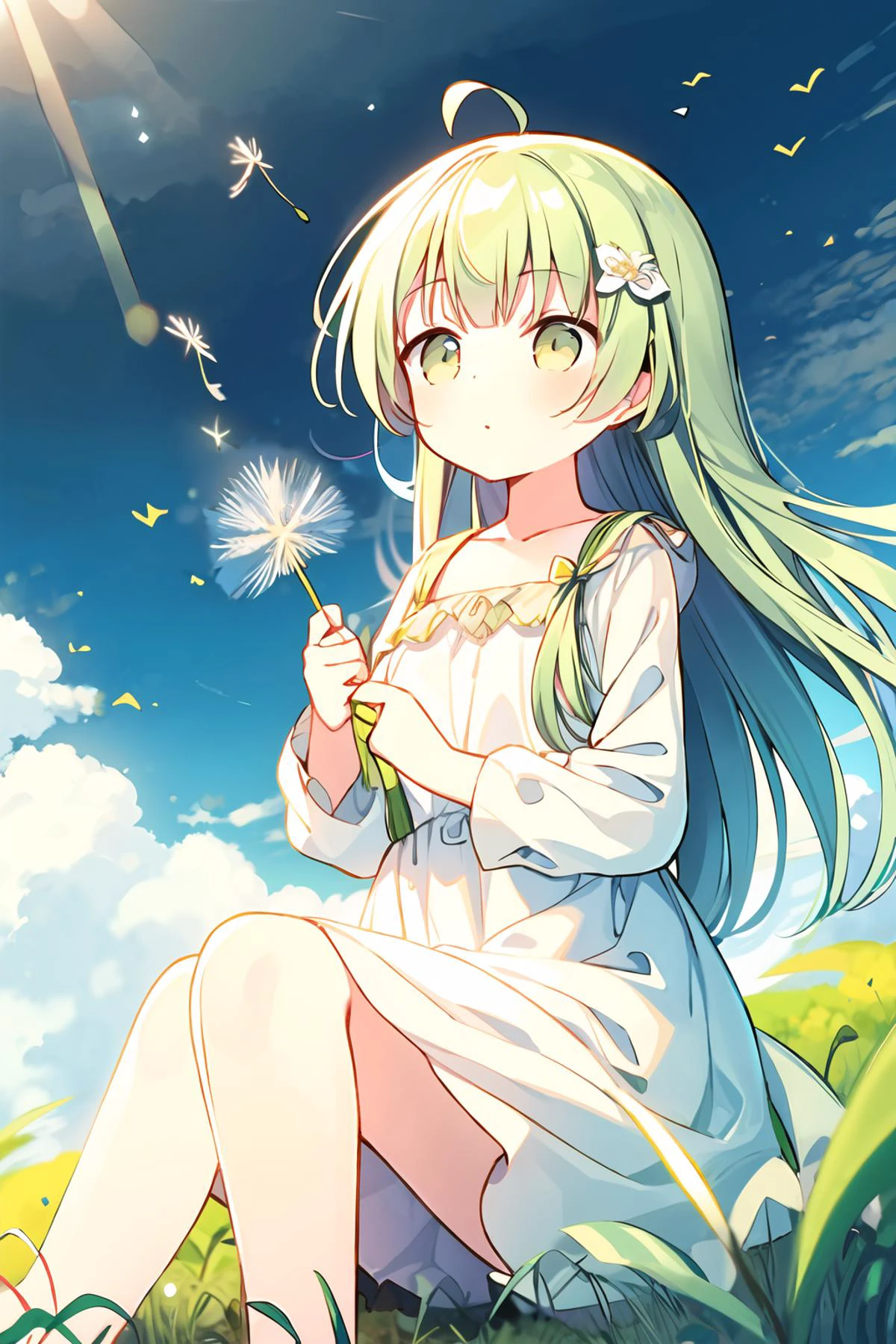1girl,light green hair,long hair,ahoge,hair flower,yellow eyes,holding dandelion seed,big dandelion, dandelion seed,light smile, blowing,sitting,blue sky <lora:dandelion-000007:0.8>