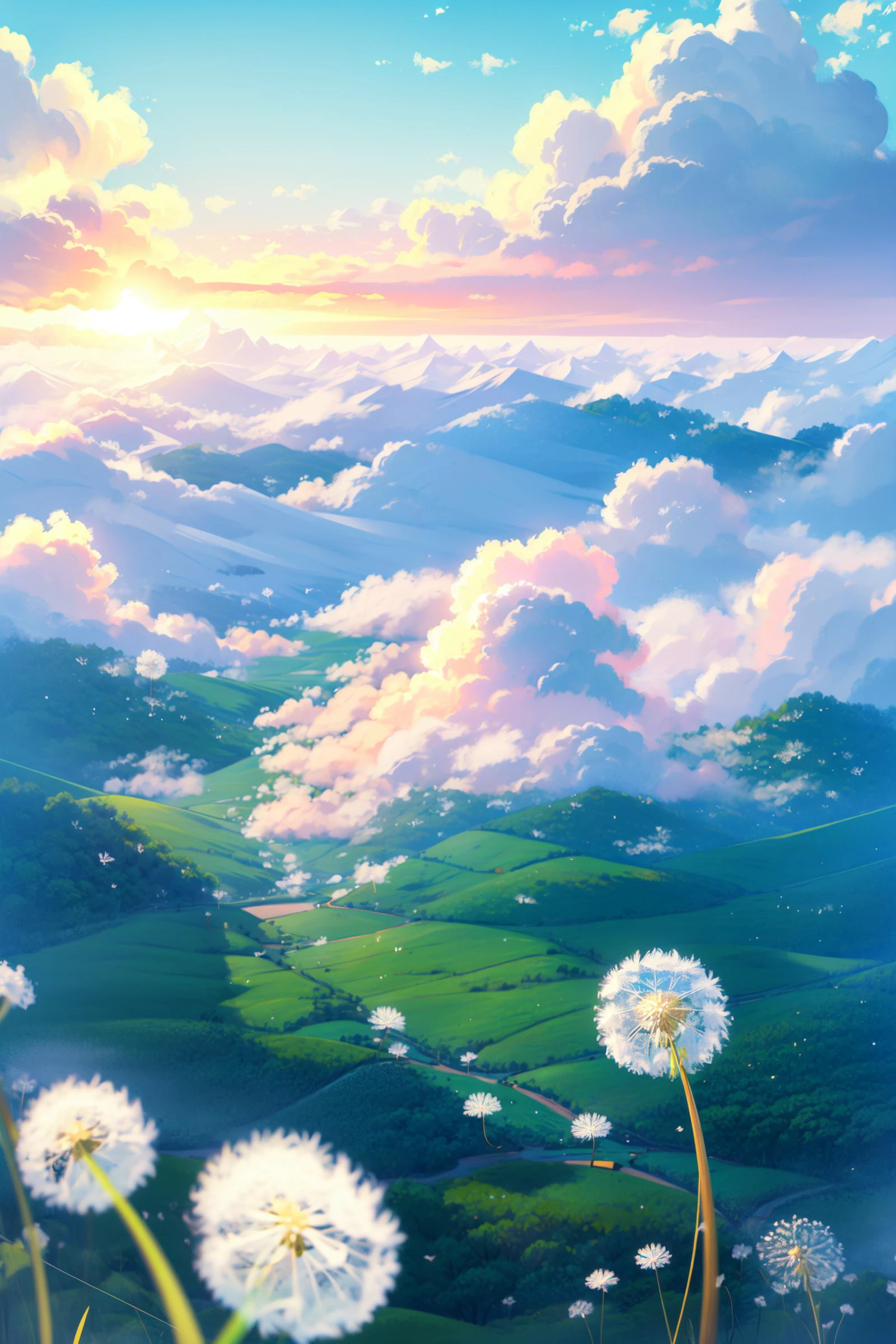 ((best quality, masterpiece, absurdres, super-resolution)) 1girl, (wind blowing hair), hair flying, blonde long hair, big smile, (windy), strong wind, white dress, bare shoulder, barefoot, cloud, mist, zb spring <lora:springreal:0.7> , from above, <lora:Fantasy scenery:0.1> ,dandelion, <lora:gufeng:0.6>, floating in the air , fetus position, <lora:floating_in_the_air:0.7>