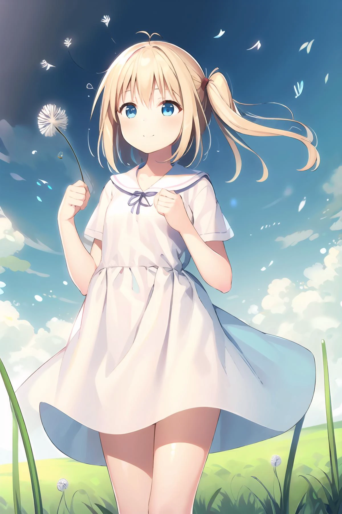 1girl,prt,blonde hair,blue eyes,long hair,one side up,holding dandelion seed,big dandelion, dandelion seed,light smile, blowing, <lora:dandelion-000004:1>
