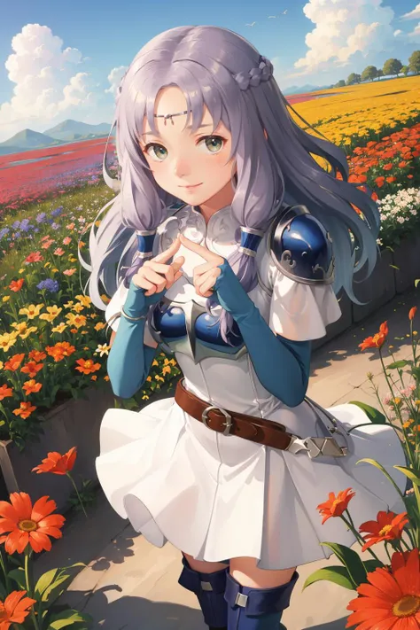 masterpiece, best quality, florina, circlet, armor, white dress, belt, thigh boots, shy, smile, sky, clouds, from above, looking at viewer, index fingers together, nervous, field of flowers, standing <lora:florina-nvwls-v1-000012:0.9> <lora:concept_indexfingerstogether-10:0.9>