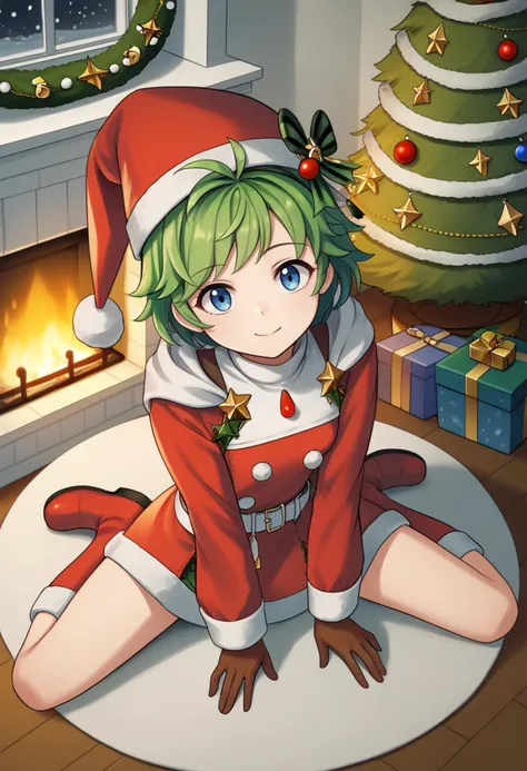 score_9, score_8_up, score_7_up, source_anime BREAK 1girl, solo, <lora:nino-fe-richy-v1_pdxl:1> ninoff, blue eyes, green hair, short hair, antenna hair, green hair bow, santa hat, red dress, fur trim, long sleeves, santa costume, white belt, brown gloves, red knee boots, indoors, fireplace, cozy, warm, orange glow, christmas tree, christmas, christmas ornaments, sitting, floor, wariza, legs apart, from above, looking at viewer, smile, closed mouth