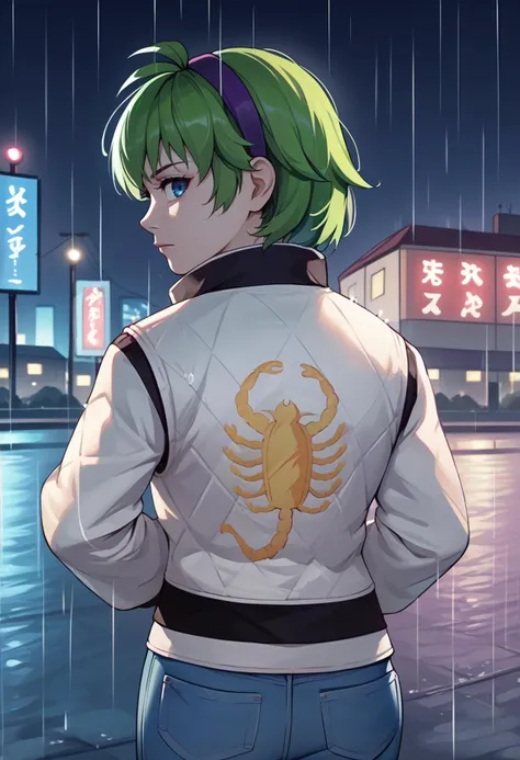 score_9, score_8_up, score_7_up, source_anime BREAK 1girl, solo, <lora:nino-fe-richy-v1_pdxl:1> ninornd,  blue eyes, green hair, short hair, antenna hair, purple hairband, (print jacket, white jacket), from behind, jeans, <lora:drivejacket-outfit-richy-v1_pdxl:1> looking back, looking at viewer, outdoors, city, night, dark, darkness, rain, raining, night sky, overcast, black background