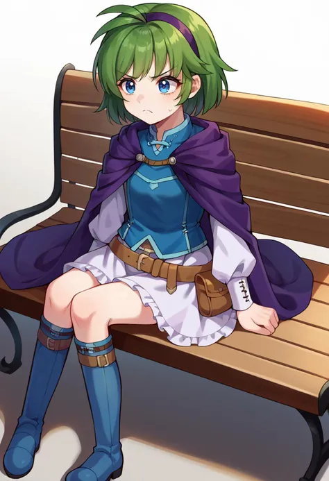 score_9, score_8_up, score_7_up, source_anime BREAK solo, 1girl,  <lora:nino-fe-richy-v1_pdxl:1>, ninodef, blue eyes, green hair, short hair, antenna hair, purple hairband, blue shirt, purple cloak, long sleeves, white sleeves, white skirt, brown belt, belt pouch, blue knee boots, sitting, bench, frown, simple background,