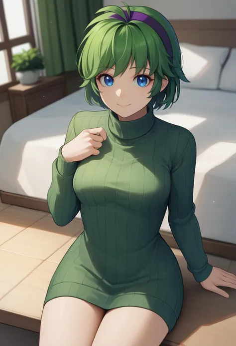 score_9, score_8_up, score_7_up, source_anime BREAK 1girl, solo, <lora:nino-fe-richy-v1_pdxl:1> ninornd, blue eyes, green hair, short hair, antenna hair, purple hairband, indoors, sitting, smile, looking at viewer, turtleneck sweater, ribbed sweater, sweater dress, green sweater, thighs