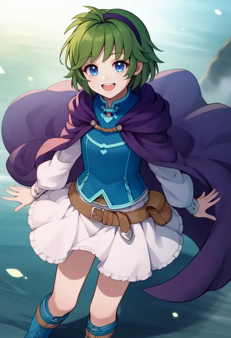 score_9, score_8_up, score_7_up, source_anime BREAK 1girl, solo, standing, looking at viewer, smile, open mouth, <lora:nino-fe-richy-v1_pdxl:1> ninodef, blue eyes, green hair, short hair, antenna hair, purple hairband, blue shirt, purple cloak, long sleeves, white sleeves, white skirt, brown belt, belt pouch, blue knee boots
