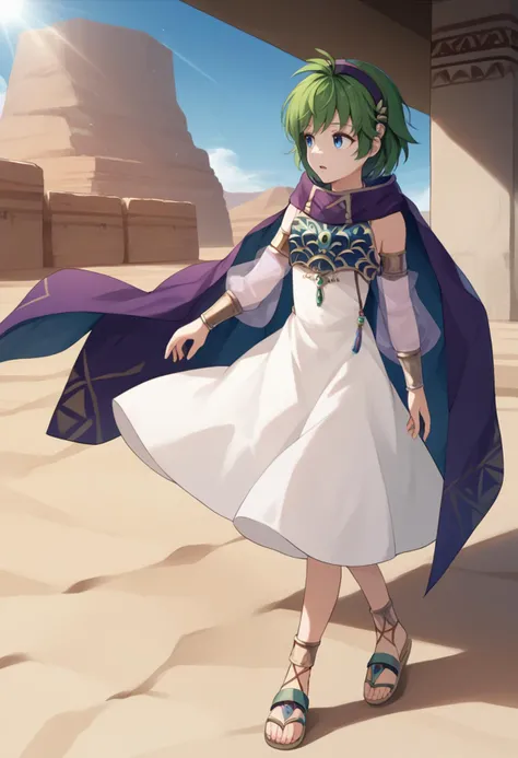 score_9, score_8_up, score_7_up, source_anime BREAK 1girl, solo, <lora:nino-fe-richy-v1_pdxl:1> ninoss, blue eyes, green hair, short hair, antenna hair, purple hairband, hair ornament, purple cape, white dress, blue breastplate, detached sleeves, see-through sleeves, vambraces, sandals, open mouth, parted lips, looking to the side, desert, outdoors, blue sky, clear sky, sunlight,
